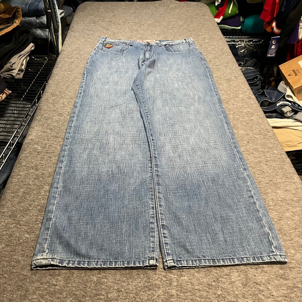 Akademiks Baggy Y2K Jeans Blue Embroidered Wide Leg Mens 34x32 Vintage Style
